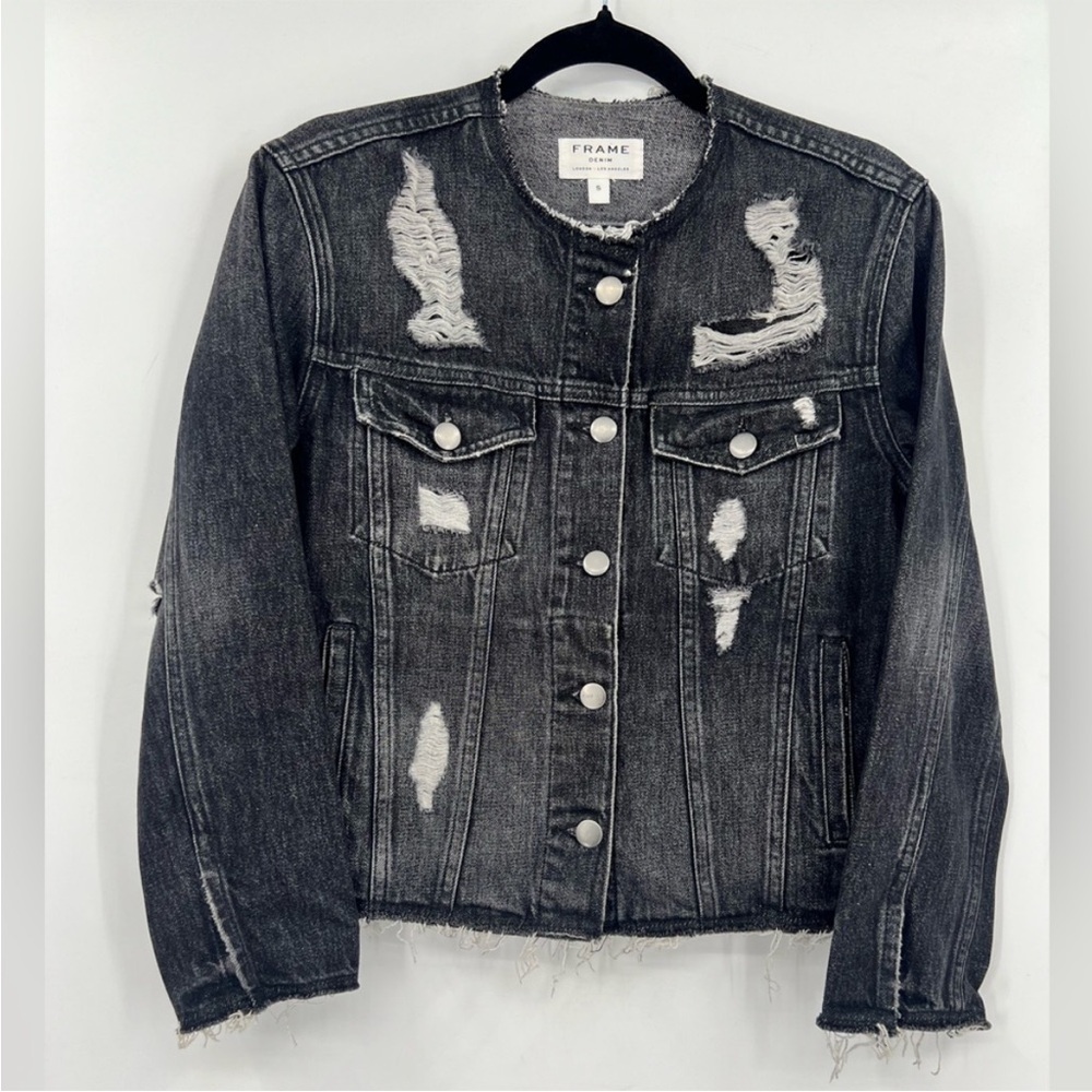 Frame Denim Distressed Black Jean Jacket